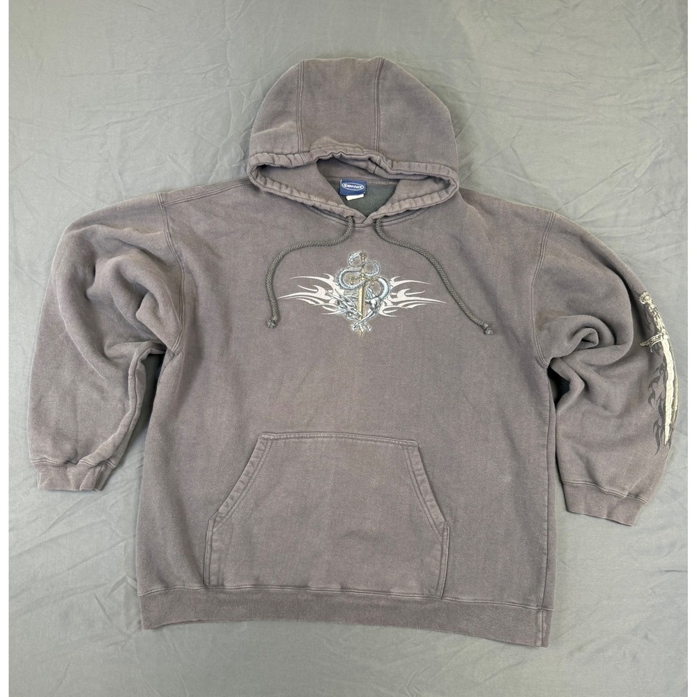 Sideout Mens Vintage Dragon Sword Graphic Hoodie Grey Tribal Sleeve Y2K Size L